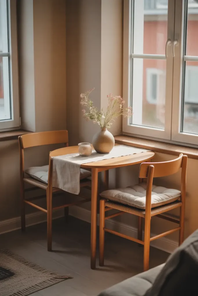 Tiny apartment dining nook with small round wooden table, two simple chairs with soft cushions, warm sunlight entering through nearby window, neutral linen table runner, ceramic vase with delicate flowers, light wood flooring, cozy apartment corner styling, Pinterest style interior photography with warm natural light and soft textures