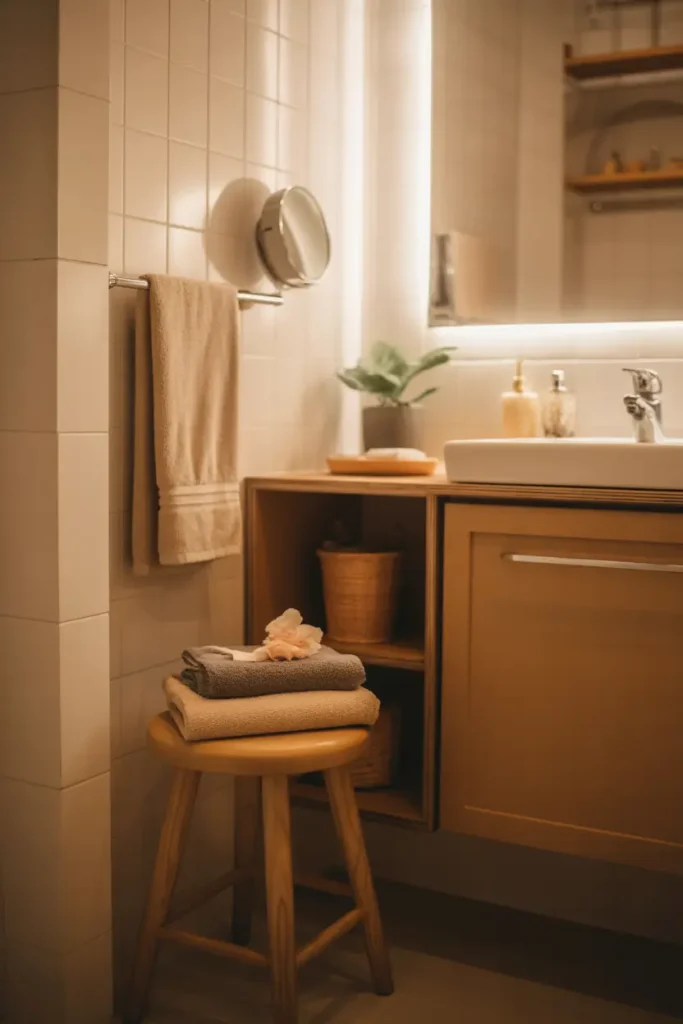 Cozy apartment bathroom vanity with a small wooden stool placed beside a sink cabinet. Stool holds folded towels and a small plant while soft light from a nearby mirror glows across neutral tiles. Warm wood tones and soft fabrics create relaxed spa-like styling perfect for a small apartment bathroom.