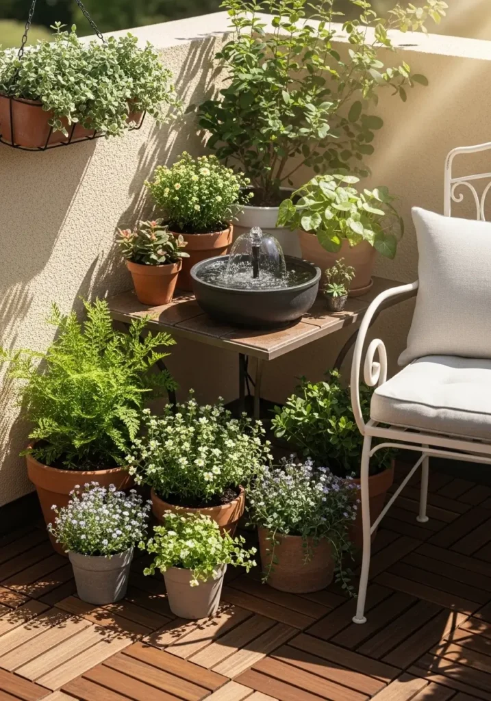 Apartment patio corner with a small tabletop water fountain surrounded by potted greenery, soft trickling water reflecting sunlight, wooden deck flooring, delicate outdoor chair nearby with light linen cushion, peaceful feminine patio garden atmosphere with natural textures and calming Pinterest style outdoor setting.