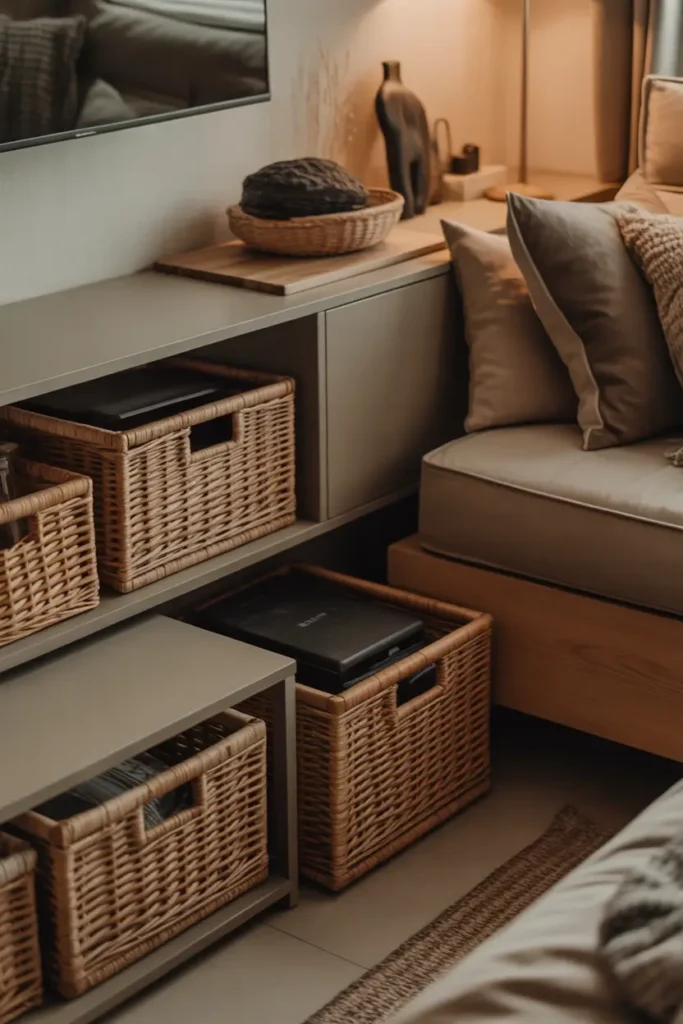 modern apartment interior with stylish storage solutions including woven baskets, minimalist cabinet, wooden bench with hidden storage, warm lighting atmosphere, neutral tones, cozy masculine decor styling, clean organized environment, detailed textures and soft shadows, modern urban apartment photography aesthetic showing functional yet beautiful living space.