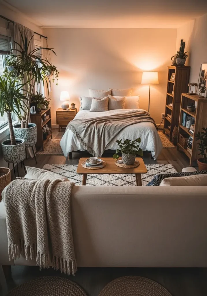 Warm studio apartment where back of neutral sofa creates divider between sleeping area and lounge space, soft cream couch facing small coffee table and rug, cozy bed with linen bedding behind sofa, floor lamp casting warm light, natural wood furniture, indoor plants near window, Pinterest inspired apartment styling with relaxed cozy mood and soft textures.

