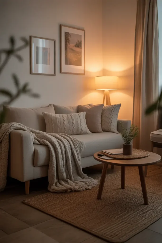 Cozy micro studio apartment living area with soft neutral sofa bed placed against white wall, textured throw pillows and knit blanket layered across couch, round wooden coffee table on woven rug, warm lamp lighting glowing in corner, gentle evening atmosphere with soft shadows, Pinterest style small apartment interior full of comfort.