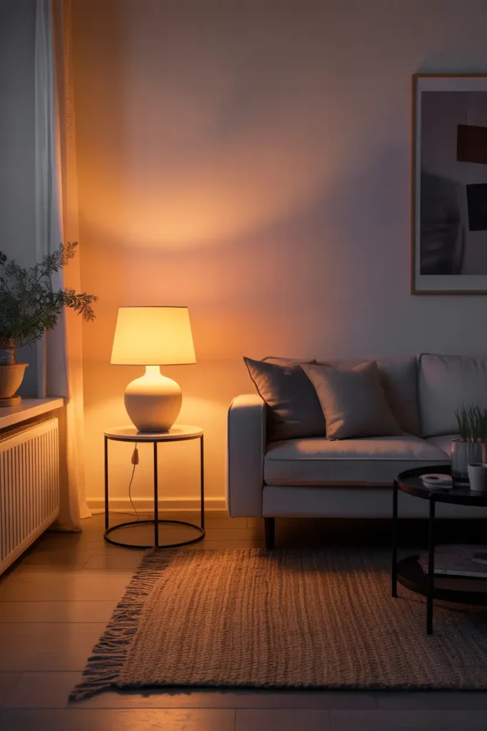 Minimalist apartment living room illuminated by warm ambient lighting, table lamp glowing beside neutral sofa, soft shadows across textured rug, evening atmosphere, Scandinavian interior styling, cozy realistic Pinterest photography, calm warm tones, uncluttered layout, peaceful nighttime apartment mood with layered lighting.