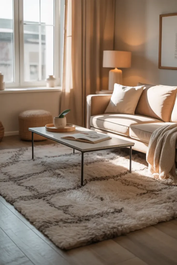 Pinterest style small apartment living room with plush neutral area rug layered under sofa and coffee table, soft sunlight coming through window, warm beige and cream textures, light wood flooring, cozy throw blanket nearby, calm minimalist styling, realistic interior photo look with soft shadows, inviting relaxed apartment atmosphere.