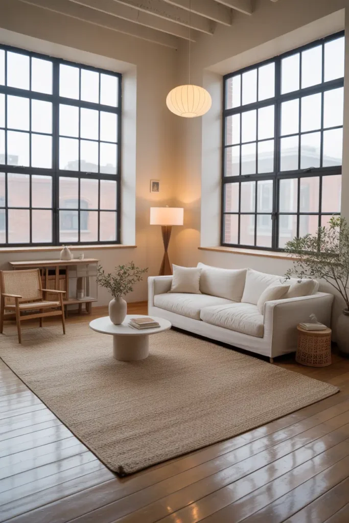 Loft apartment living area with large neutral rug defining seating zone, light sofa, simple coffee table, pale wood floors, tall windows and airy layout, Pinterest style interior photography with warm natural light and calm styling.