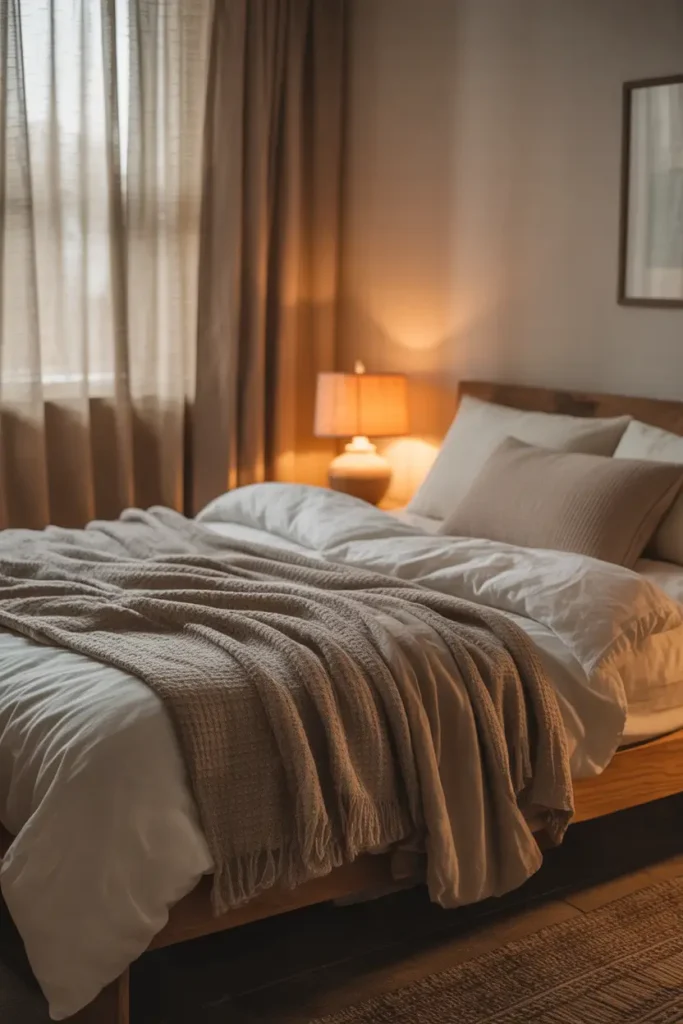 Small cozy apartment bedroom with layered bedding, soft cotton sheets, textured blankets, neutral color palette, second hand wooden bed frame, warm bedside lamp, sunlight filtering through thin curtains, relaxed poor apartment aesthetic, slightly wrinkled bedding for lived in comfort, Pinterest style realistic interior photography with warm gentle lighting.