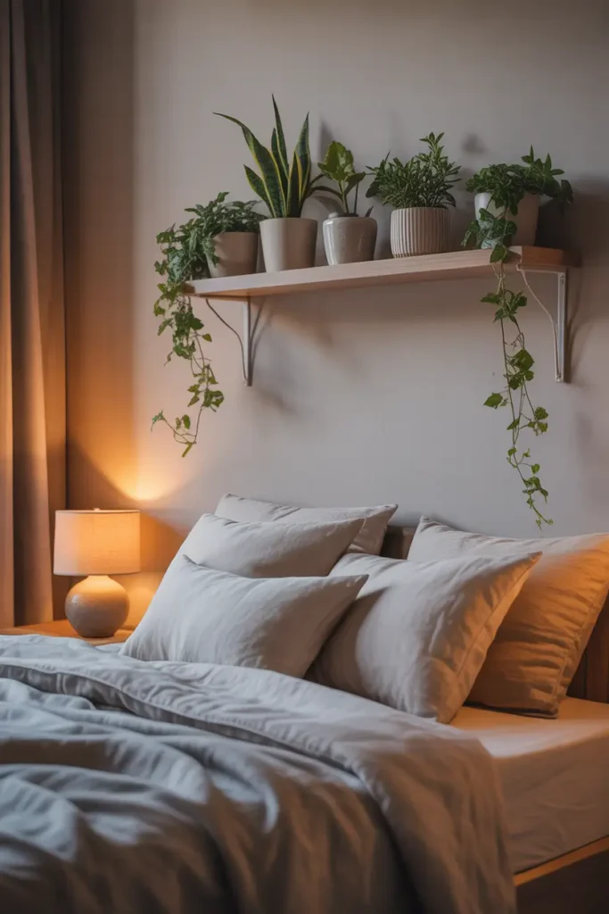 Cozy apartment bedroom wall shelf decorated with small leafy plants in ceramic pots, warm bedside lamp glow, soft linen bedding, neutral wall colors, trailing vines gently falling over shelf edge, Pinterest style bedroom interior with calming lighting, textured fabrics, and peaceful indoor greenery.