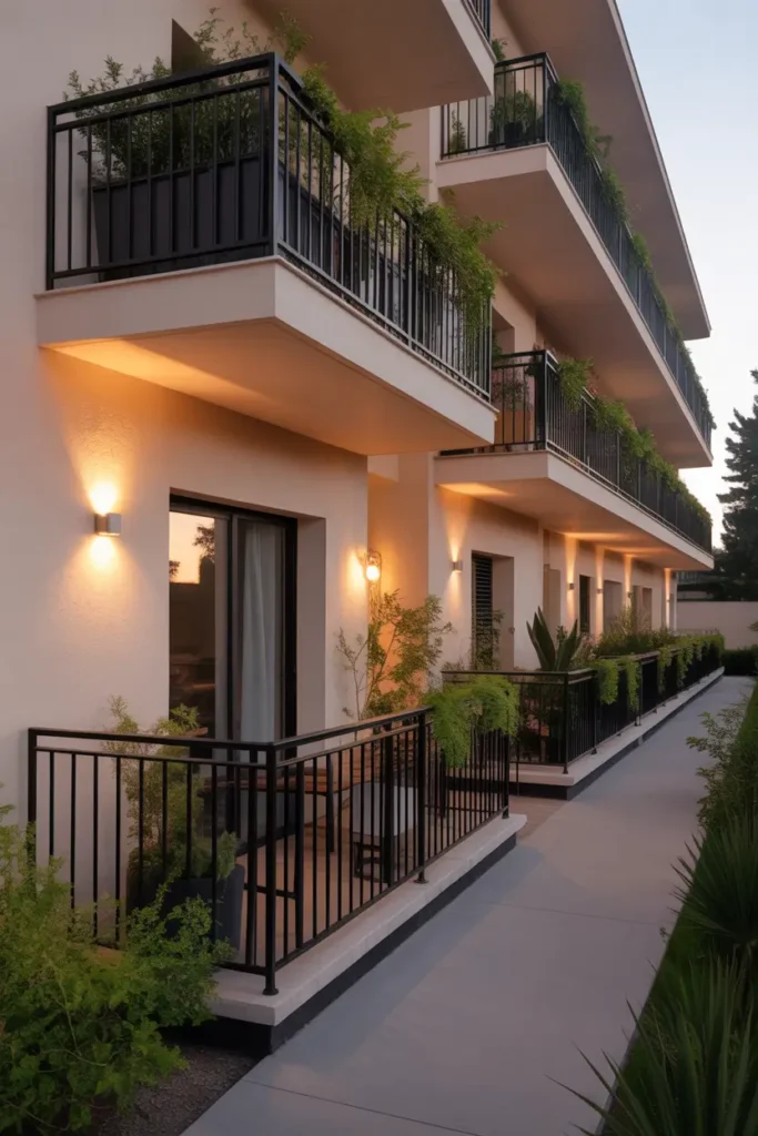 Contemporary apartment exterior with soft beige walls, black metal balcony railings, warm outdoor wall lighting, balconies decorated with green plants, neutral concrete walkway, warm sunset light touching facade, calm modern residential architecture, realistic Pinterest inspired photography with cozy lighting and natural textures.