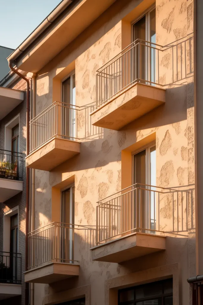 Elegant apartment building with soft beige exterior walls, warm textured plaster surfaces, simple modern balconies with metal railings, golden hour sunlight gently illuminating the facade, urban neighborhood background, stylish architectural photography in Pinterest style with warm neutral tones and inviting city living atmosphere.