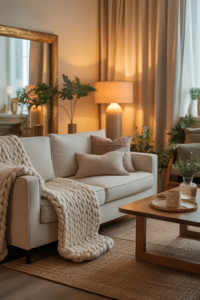 Cozy apartment living room with soft beige linen sofa, chunky knit blankets draped over armrest, neutral throw pillows, warm wood coffee table, woven rug, soft golden lamp lighting, creamy wall tones, small indoor plants, calm Pinterest style apartment interior with warm natural light coming through sheer curtains.