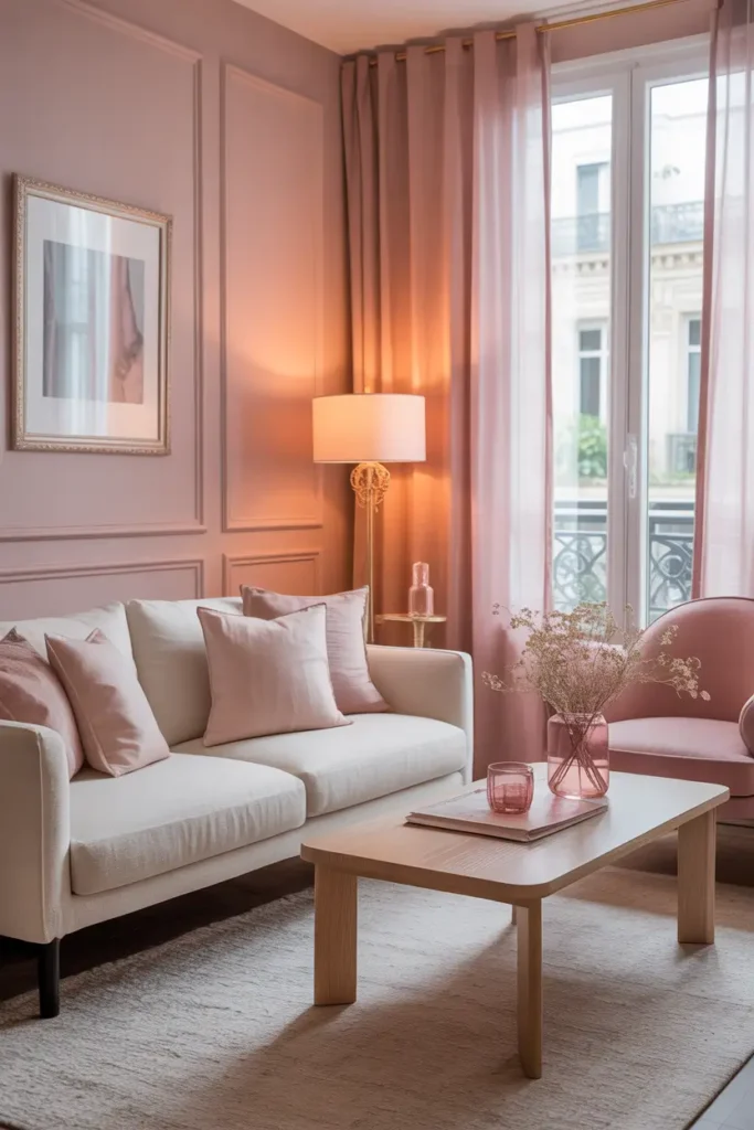 Small Paris apartment living room styled with blush pink accents, cream sofa with linen pillows, light oak coffee table, delicate gold floor lamp, tall window with sheer curtains glowing in warm afternoon light, soft neutral rug, feminine cozy atmosphere, elegant yet relaxed Paris apartment aesthetic, Pinterest style interior photography.
