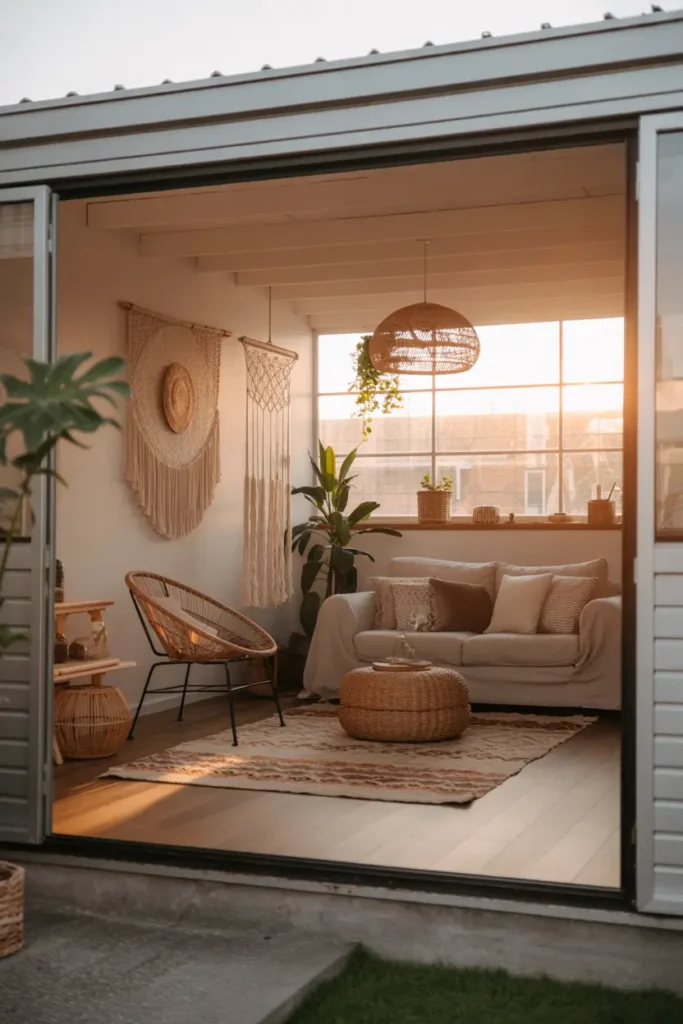 Boho style apartment over garage interior with woven wall decor, rattan chair, layered textured rugs, neutral sofa with patterned cushions, hanging plants, warm sunlight entering through wide window, light wood floors, macrame details, cozy Pinterest style interior photography, soft earthy colors, relaxed comfortable mood, natural textures creating warm small apartment atmosphere