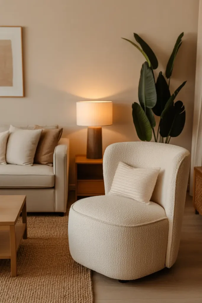 Warm apartment living room with cozy boucle accent chair in cream tone, textured fabric surface, beige sofa nearby, wooden coffee table, warm lamp light, woven rug underneath, neutral wall art, Pinterest style cozy apartment interior with soft textures and calm relaxing atmosphere.