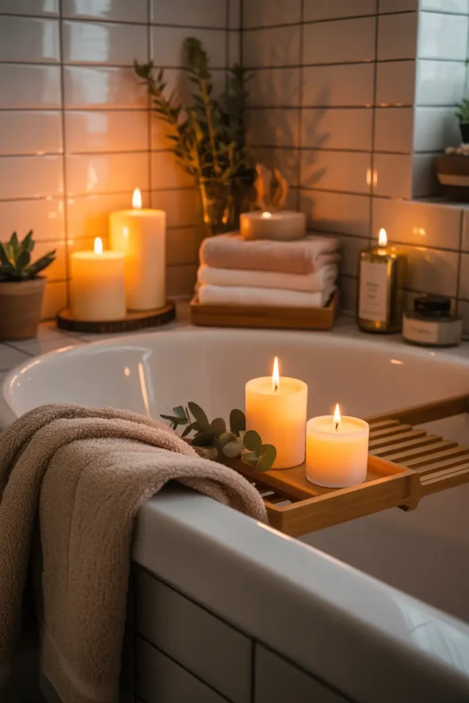 Relaxing apartment bathroom scene with lit candles placed beside a bathtub and on a vanity tray. Warm golden glow reflects across white tiles and soft beige towels. Wooden accents, plants, and folded linens create peaceful spa atmosphere. Pinterest-style cozy bathroom lighting with calming evening mood.