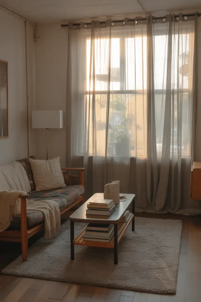 Small budget apartment living room with thin light curtains gently filtering sunlight, warm neutral walls, second hand sofa with cozy blanket, wooden coffee table with stacked books, soft beige rug, relaxed poor apartment aesthetic, natural daylight filling room softly, calm lived in styling, realistic Pinterest style interior photography with cozy atmosphere and natural textures.