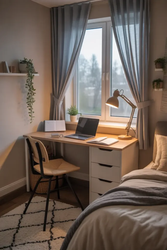 Dorm room study desk near window with light flowing through soft curtains, neutral desk with laptop and planner, warm desk lamp, small plant on windowsill, cozy bedding and textured rug nearby creating airy Pinterest style dorm study corner filled with calm daylight and relaxed atmosphere.