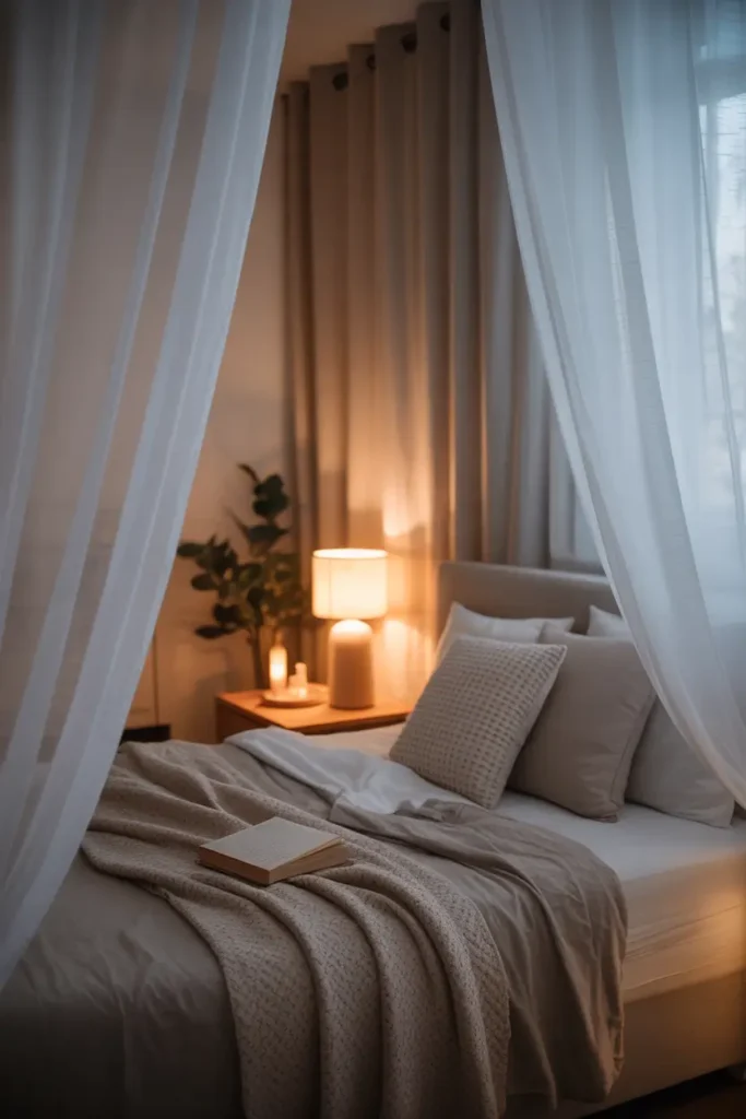 Pinterest-style cozy apartment bedroom with light sheer curtains softly draped around bed area, neutral bedding, warm bedside lamp glow, textured throw blanket, wooden nightstand with candle and book, calm soft lighting, relaxed dreamy bedroom atmosphere with layered fabrics and gentle evening light.