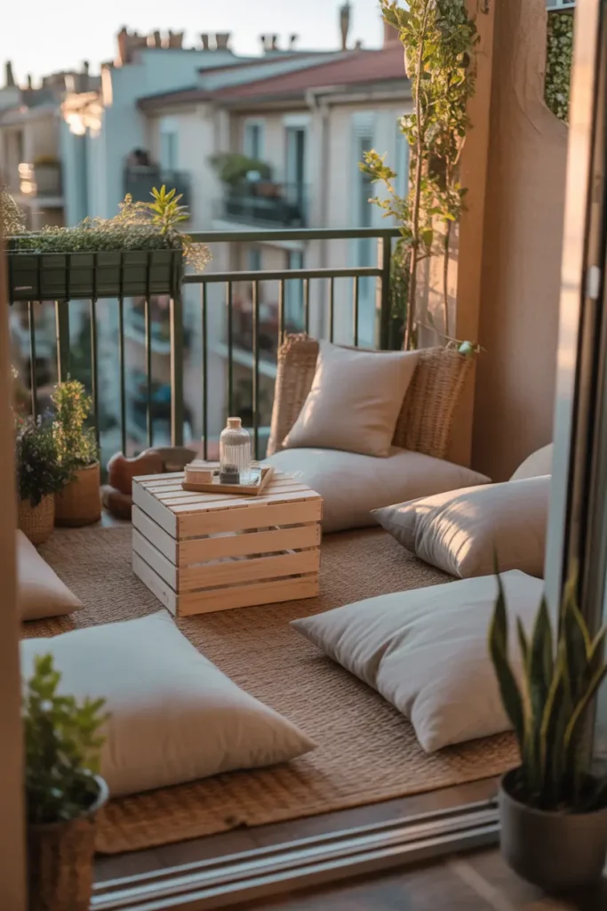 Realistic Pinterest-style small apartment balcony scene with soft floor seating, neutral cushions layered on a woven outdoor rug, light wooden crate acting as a tiny table, warm sunlight filtering through balcony railing, delicate potted plants around edges, cozy urban apartment view, soft linen textures, relaxed lifestyle atmosphere, natural tones, warm afternoon lighting creating peaceful cozy mood perfect for small balcony living.