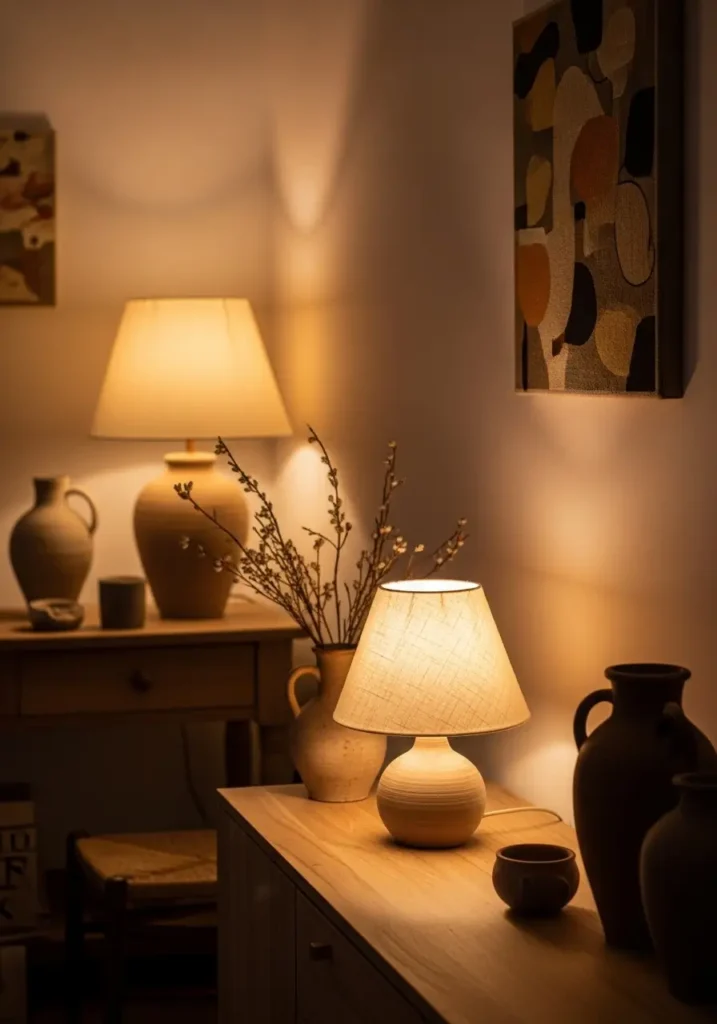 Cozy earthy apartment living room at sunset with warm table lamps glowing softly, linen curtains filtering golden light, wooden furniture, woven rug, clay pottery decor, beige sofa with textured pillows, calm natural color palette, warm ambient lighting creating relaxing Pinterest style apartment interior with soft cozy atmosphere.