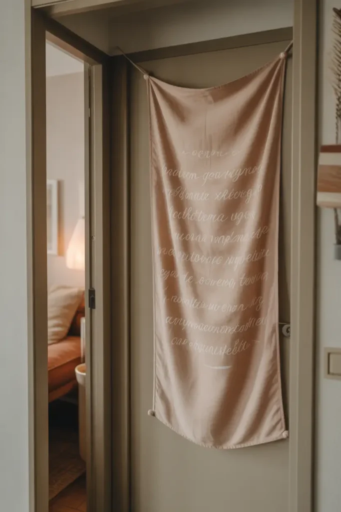 apartment hallway showing a neutral door decorated with a soft linen fabric banner featuring subtle handwritten style text. Warm diffused lighting, cozy feminine interior styling, realistic textile textures, calm apartment corridor atmosphere, gentle shadows, welcoming mood with minimalist decor balance.