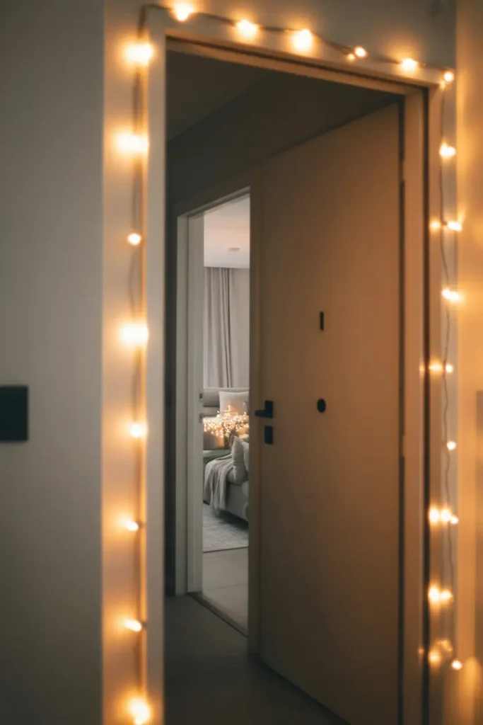 apartment corridor with a modern door framed by warm white fairy lights softly glowing along edges. Neutral painted walls, cozy evening ambiance, gentle lighting reflections, realistic apartment hallway textures, minimalist decor styling, soft feminine mood, warm welcoming atmosphere with calm shadows and inviting residential feeling.