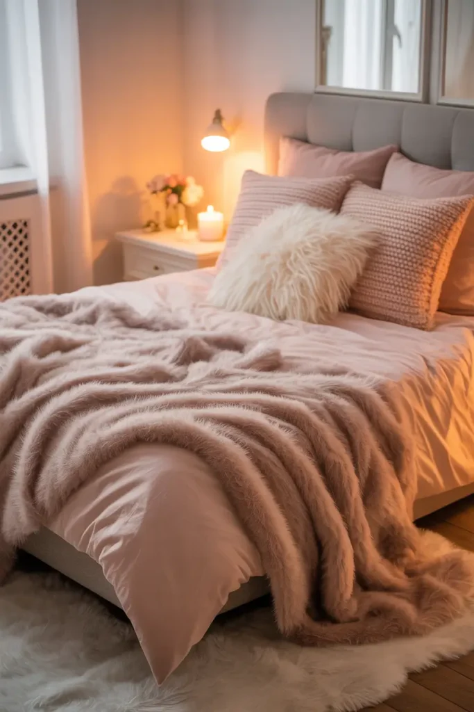 Feminine dream apartment bedroom with soft faux fur throw blanket draped across blush bedding, layered pillows in cream and dusty pink tones, cozy knit textures, warm bedside lamp light glowing softly, white nightstand with candle and small flowers, plush rug under bed, Pinterest style bedroom photography with warm lighting, delicate textures, and calm romantic atmosphere.