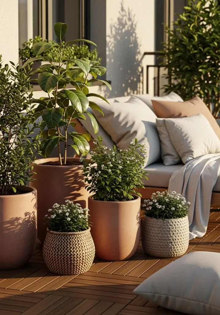 Apartment patio styled with several floor planters in terracotta, ceramic, and woven basket textures, leafy plants and small flowering plants placed around a cozy lounge chair, warm late afternoon sunlight casting gentle shadows across wooden patio flooring, soft neutral cushions and light linen fabric adding feminine charm, calm Pinterest style patio garden space filled with relaxed greenery and warm natural tones.