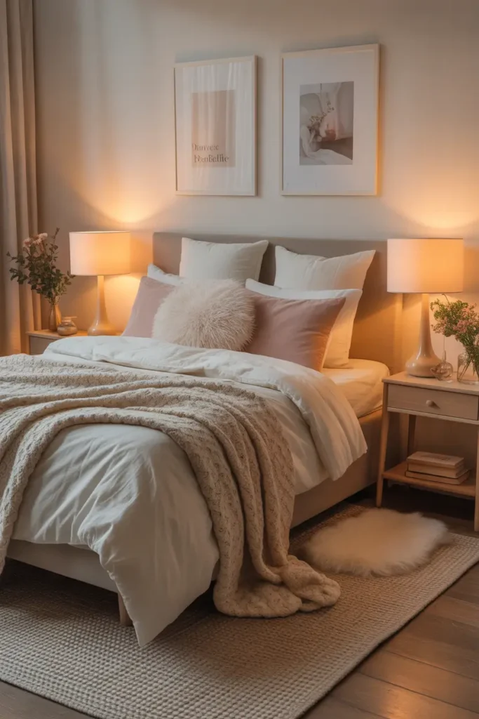 Dreamy feminine apartment bedroom with soft glow table lamps on both sides of bed, cream and blush bedding layers, fluffy pillows, textured knit throw, small wooden nightstands with books and flowers, cozy rug beneath bed, Pinterest aesthetic bedroom photography with warm ambient lighting and delicate feminine atmosphere.