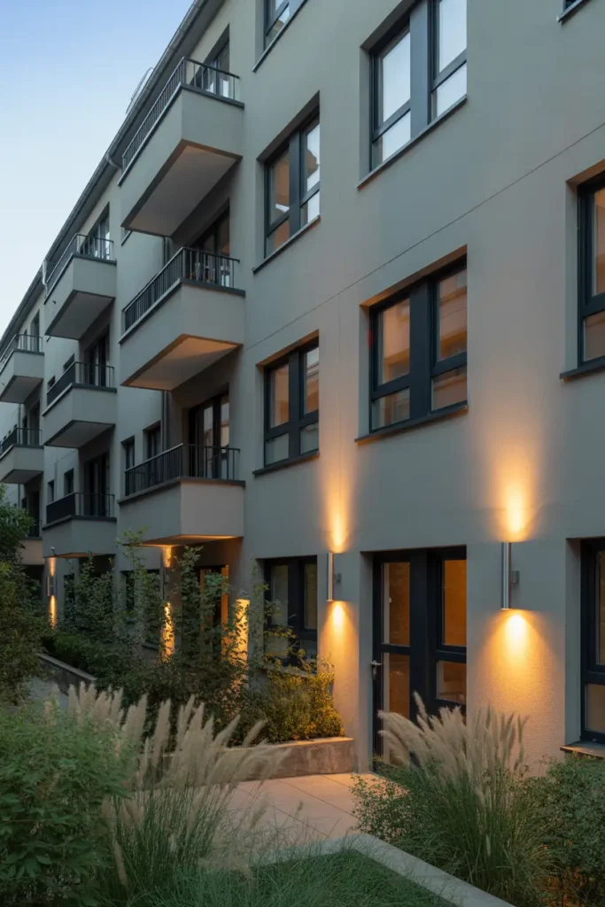 Contemporary apartment building exterior painted soft gray, black framed windows, warm wall lighting along balconies, modern landscaping with tall grasses and shrubs, clean geometric building lines, warm evening glow on facade, cozy urban residential atmosphere, high quality Pinterest style architectural photography with natural textures.