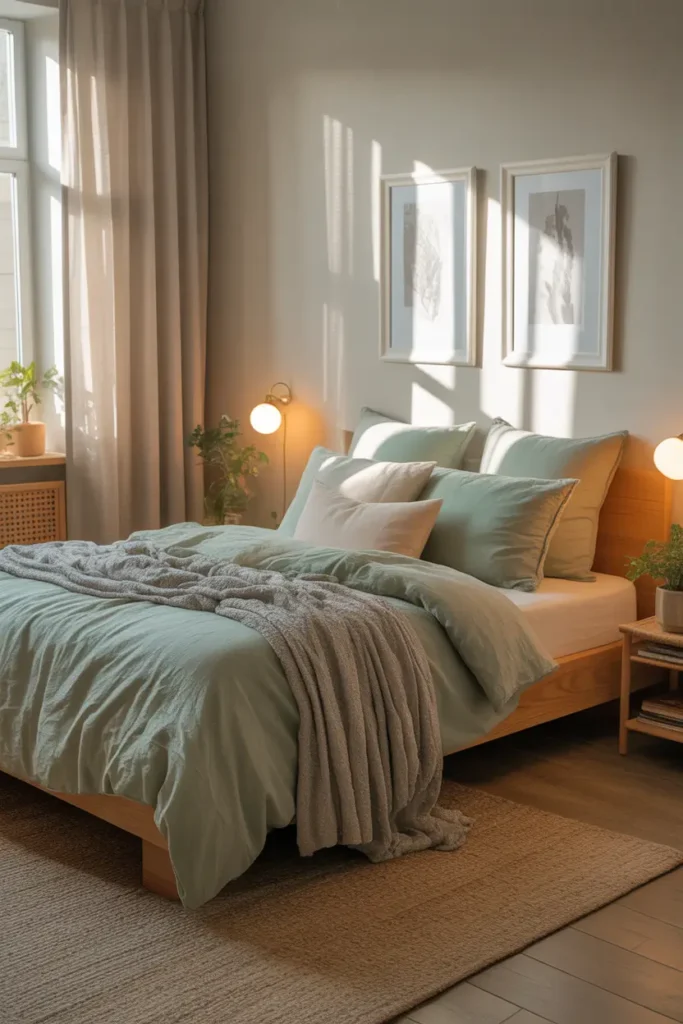 apartment bedroom with soft green linen bedding, layered pillows, textured throw blanket, warm bedside lighting, neutral walls, wooden bed frame, soft rug under bed, sunlight filtering through sheer curtains, small indoor plants on bedside table, minimal feminine decor, peaceful relaxed bedroom mood.