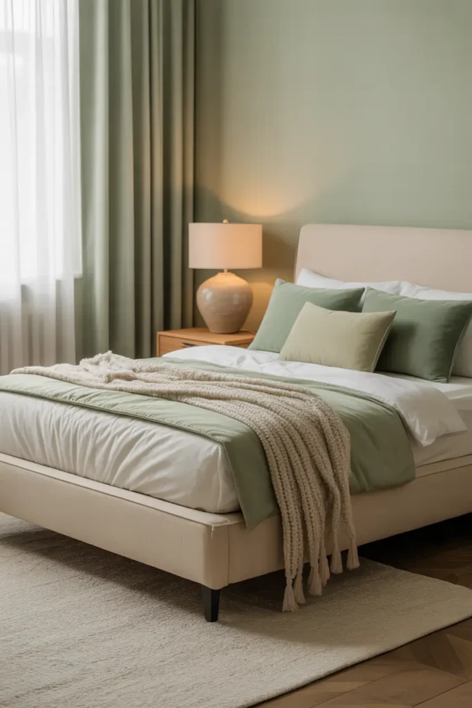 Elegant apartment bedroom with soft green accents and warm beige palette, beige upholstered bed, pale green pillows and throw blanket, soft cream rug, wooden nightstand with ceramic lamp, natural daylight through curtains, calm feminine cozy bedroom styling perfect for Pinterest.