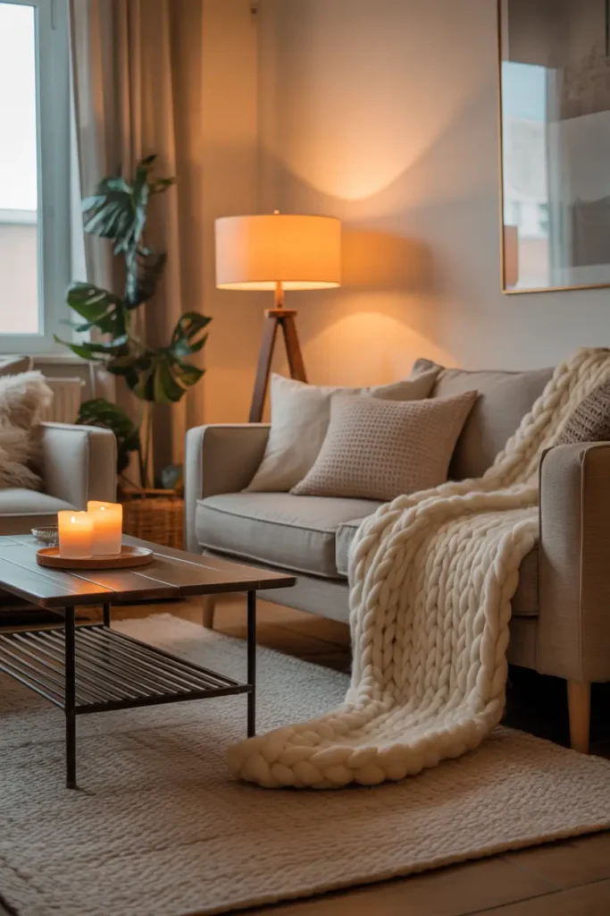 Warm cozy apartment living room scene with chunky knit throw blankets on neutral sofa, soft pillows, wooden coffee table with candle, textured cream rug, golden evening lighting, calm Pinterest style interior filled with warm fabrics and relaxed comfortable mood.