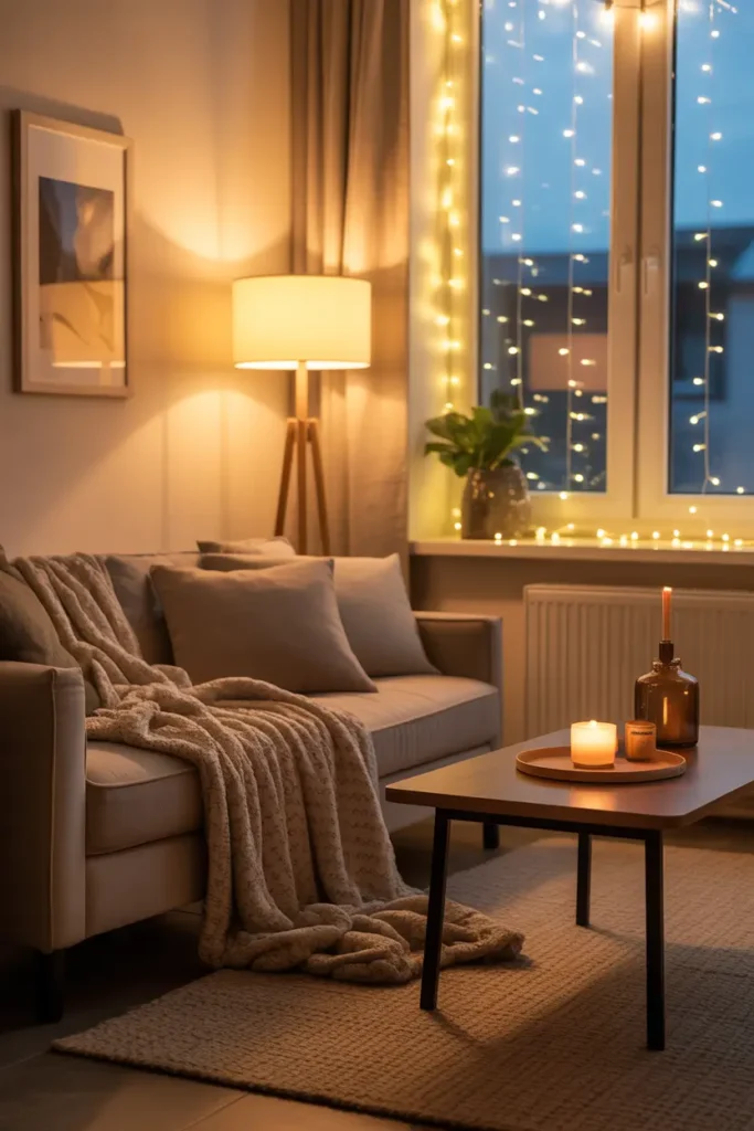 Warm Pinterest-style studio apartment interior during evening, layered lighting with floor lamp, table lamp, and delicate string lights around window, cozy neutral sofa with soft knit blanket, wooden coffee table with candle, warm golden glow filling room, calm relaxing apartment mood with textured fabrics and gentle lighting creating inviting atmosphere.