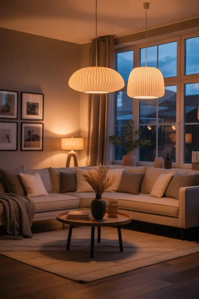Cozy loft apartment interior with layered lighting including warm pendant lights, small table lamps, soft wall lighting, neutral decor, warm wood furniture, large windows fading into evening light, Pinterest style interior photography with glowing cozy atmosphere.