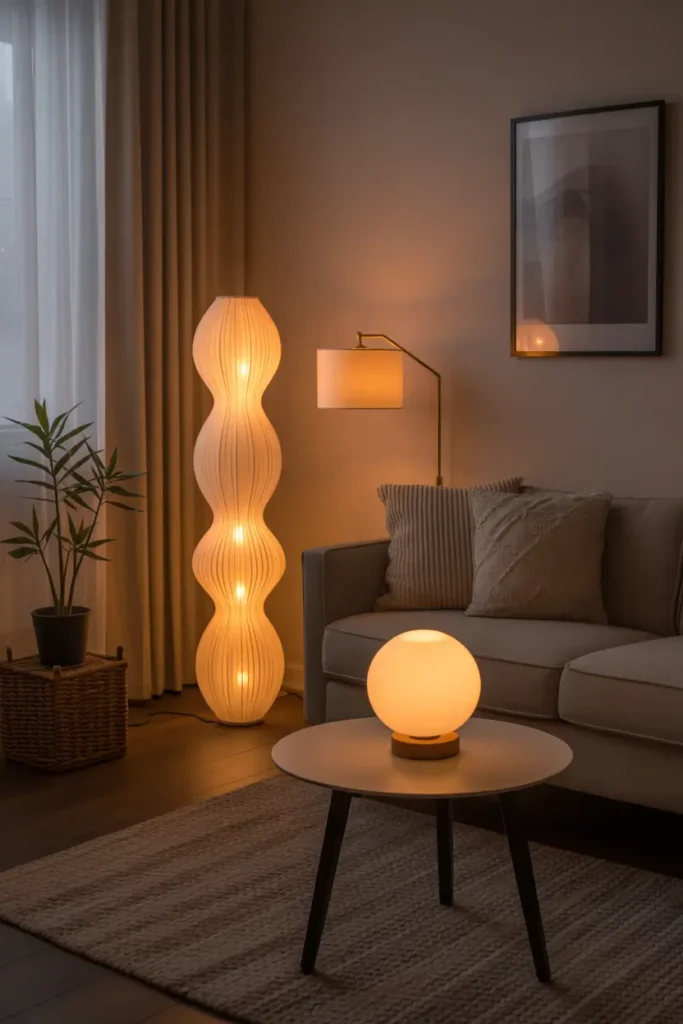 Cozy small apartment living room with layered lighting including floor lamp and table lamp glowing warmly, neutral decor palette, soft shadows, textured rug, relaxed evening ambiance, realistic Pinterest-style interior photography capturing warm cozy atmosphere.