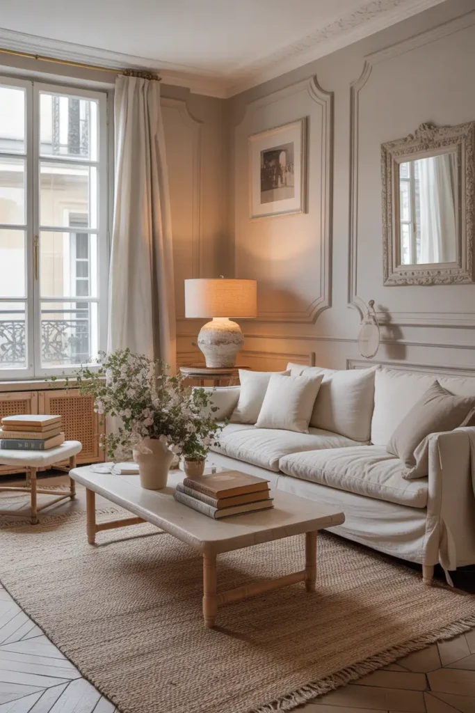 Tiny Parisian apartment living room with layered neutral rugs, linen sofa, light wooden coffee table, vintage books stacked casually, soft window light filling the room, delicate wall molding and feminine styling captured in Pinterest interior photography.