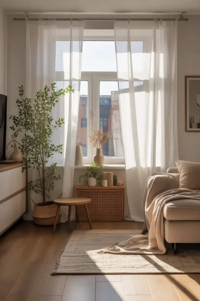 Minimalist apartment window styled with sheer white curtains softly moving in natural breeze, warm sunlight filling small living space, neutral furniture, light wood flooring, cozy calm atmosphere, Scandinavian inspired decor, realistic Pinterest interior photography, soft glowing light, airy apartment styling with peaceful mood and natural textures.