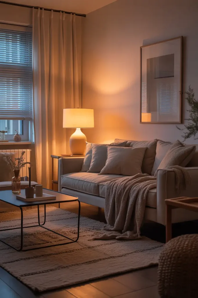 small apartment living room during the evening with layered lighting, warm table lamp glow, soft ambient lights, neutral sofa with cozy throws, textured rug, calm warm tones, realistic interior photography showing intimate cozy mood, balanced shadows, inviting small-space atmosphere perfect for relaxing evenings.