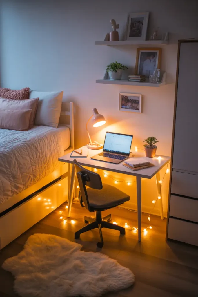 Cozy dorm room study corner with warm string lights draped across a small white desk, soft neutral bedding nearby, fluffy rug on wooden floor, laptop and notebooks neatly arranged, blush desk lamp glowing softly, small plant and framed photos on shelves, warm evening lighting creating a peaceful Pinterest style dorm atmosphere with calm study vibe.