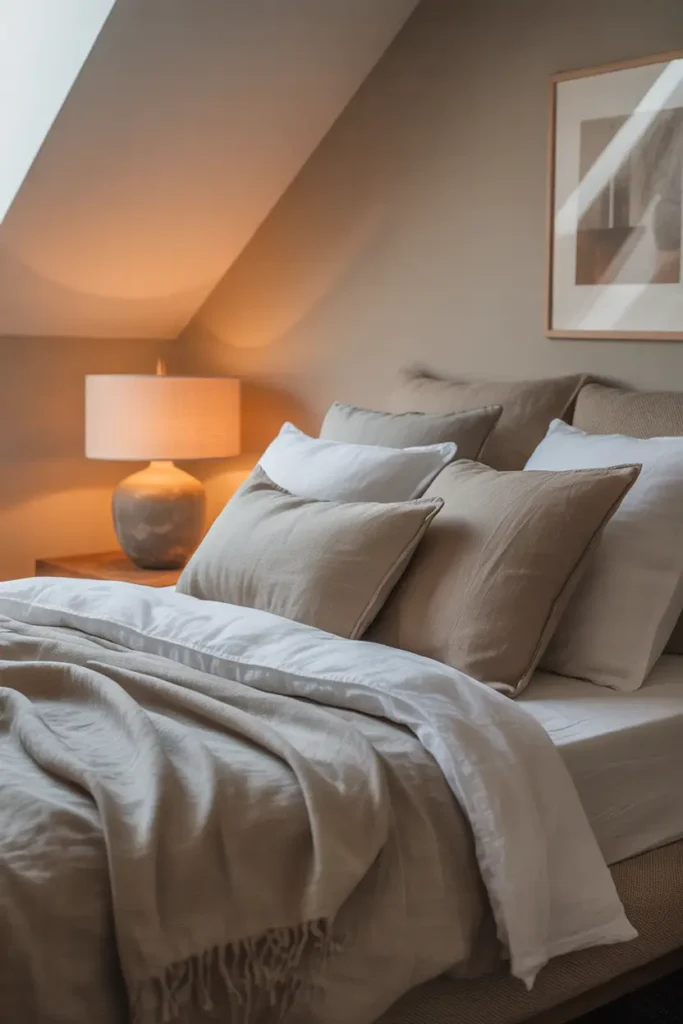 Loft apartment bedroom corner with linen bedding, layered pillows, soft neutral colors, warm bedside lamp glow, airy loft architecture, Pinterest style interior photography with cozy calming atmosphere.