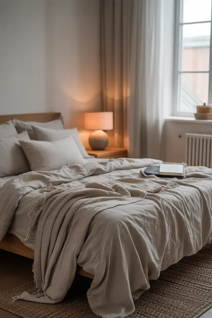 Minimalist apartment bedroom with layered linen bedding in soft neutral tones, natural light streaming through sheer curtains, wooden bedside table, ceramic lamp, textured throw blanket, cozy calm atmosphere, Scandinavian style interior, realistic Pinterest bedroom photography, warm soft lighting, relaxed and airy minimalist aesthetic.