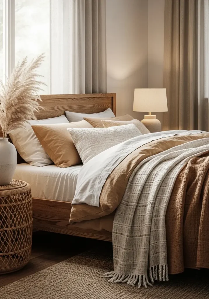Earthy aesthetic bedroom with soft linen bedding in sand and taupe colors, wooden bed frame, woven rattan bedside table, neutral textured throw blankets, dried pampas grass in ceramic vase, warm bedside lamp glow, soft sunlight filtering through linen curtains, cozy natural apartment bedroom with calming earthy palette and layered fabrics.