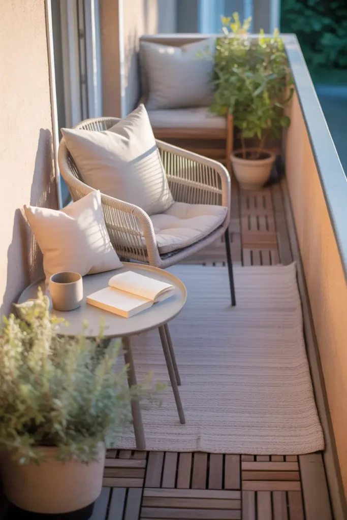 Tiny apartment balcony styled in soft neutral colors, light beige cushions on woven chair, pale outdoor rug layered on wooden deck tiles, small round table holding ceramic cup and book, soft greenery in clay pots placed along railing, warm afternoon sunlight casting gentle shadows, calm Pinterest style balcony patio scene with airy and relaxed atmosphere.