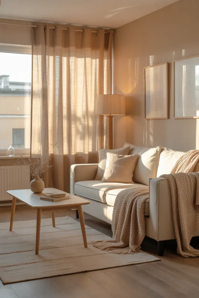 Small apartment living room styled with soft neutral tones, creamy beige sofa, light wood coffee table, textured knit throw blanket, linen curtains glowing with warm sunlight, tiny round rug layered on pale wood floor, cozy lamp lighting, delicate wall art, warm natural lighting, Pinterest style small apartment interior photography, calm cozy atmosphere