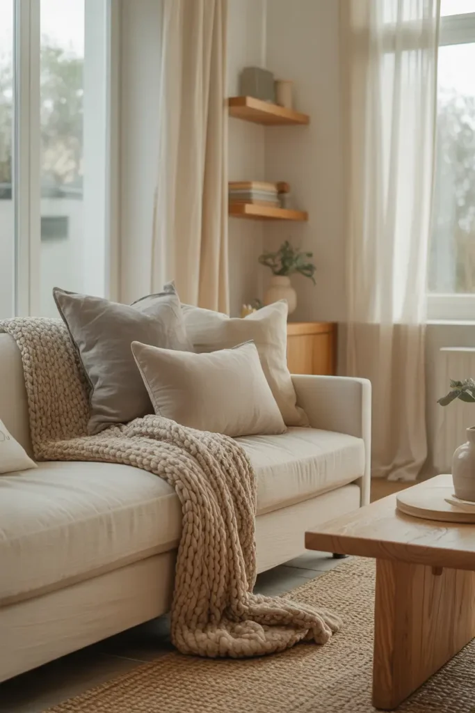 Bright Pinterest-style small apartment living room with soft neutral palette, cream sofa with textured pillows, light beige walls, cozy knitted throw blanket, natural wood coffee table, woven rug, soft sunlight entering through sheer curtains, warm cozy lighting, minimal decor styling, calm modern feminine apartment aesthetic, realistic interior photography, natural textures and layered soft fabrics creating relaxed atmosphere.