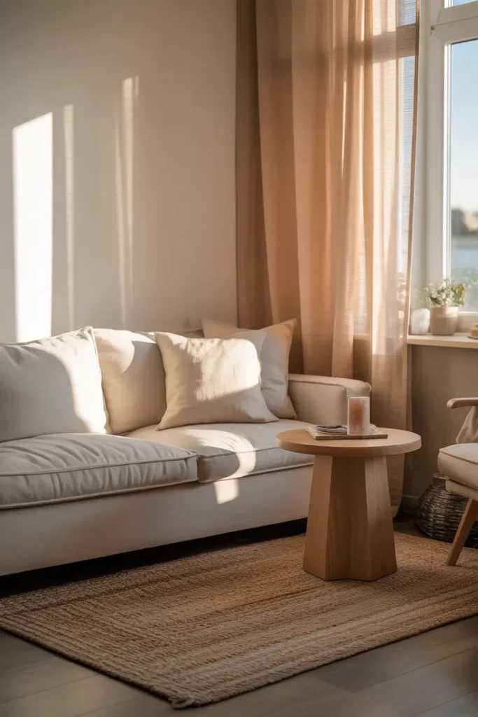 Bright minimalist apartment living corner styled in warm neutral tones, soft beige sofa with linen cushions, light oak side table, textured woven rug, sheer curtains glowing with natural morning light, cozy Scandinavian aesthetic, clean layout, soft shadows, realistic Pinterest interior photography, calm and airy atmosphere, small apartment styling with balanced decor and warm sunlight.