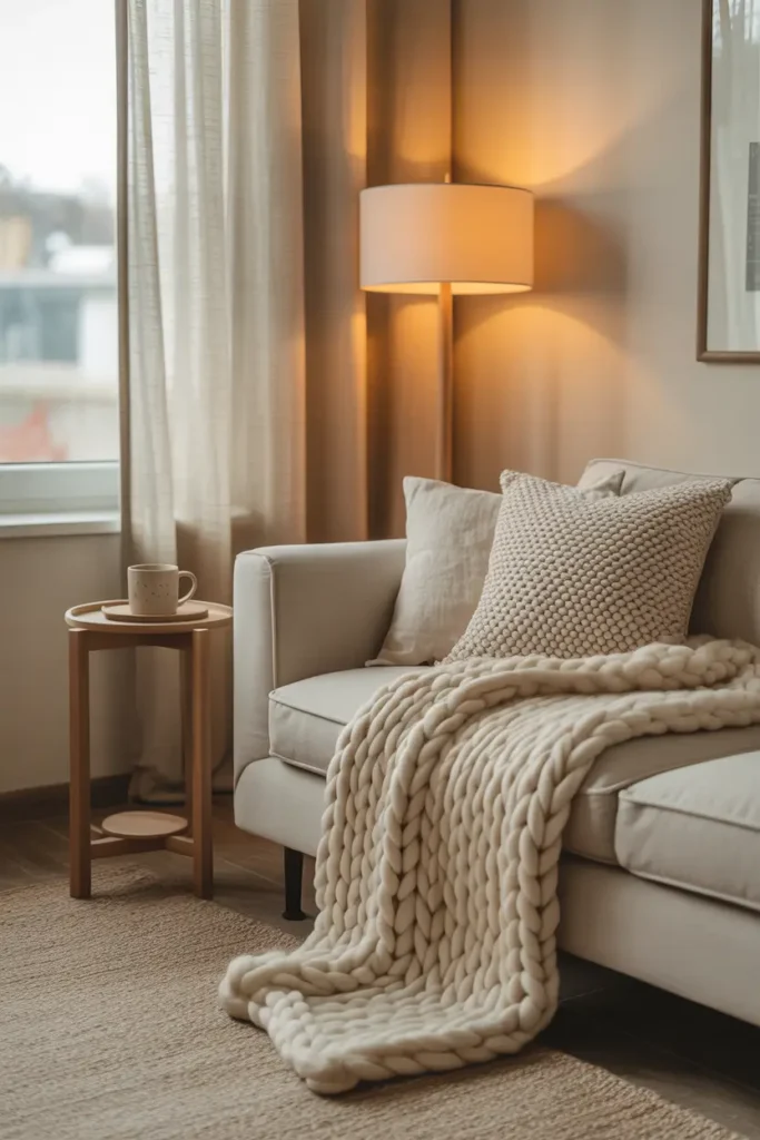 Bright Pinterest-style apartment living room corner with soft beige sofa, chunky knit throw blanket, cream textured pillows, small wooden side table with ceramic mug, warm floor lamp with soft yellow light, natural linen curtains, neutral rug, cozy layered textures, calm minimalist styling, soft afternoon sunlight entering through window creating relaxed home atmosphere.