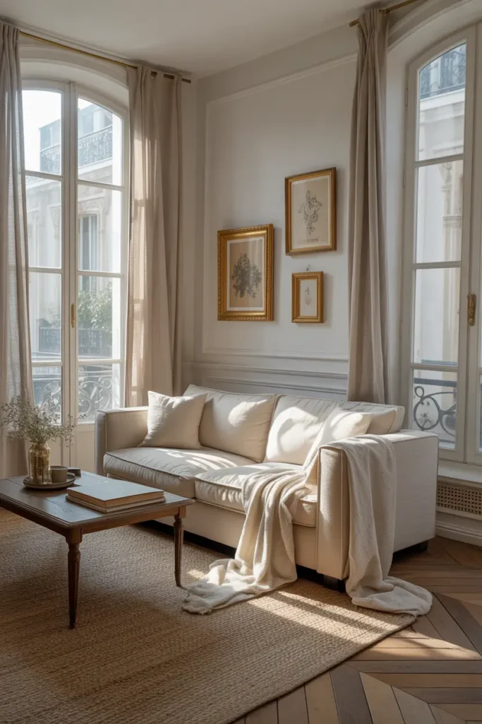 Small Parisian apartment living room with tall windows and sheer curtains letting in soft morning light, neutral linen sofa, vintage wooden coffee table, delicate gold framed art on white walls, light oak flooring, woven rug, small stack of books, soft cream throw blanket, airy and romantic atmosphere, realistic Pinterest style photography with natural lighting and cozy textures.
