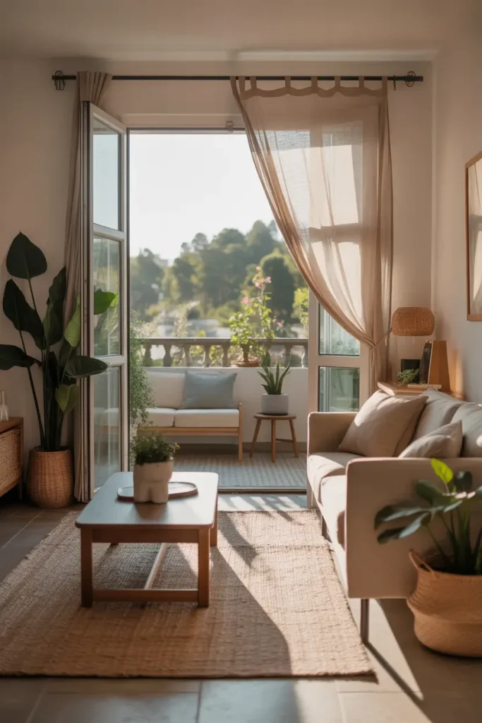 Bright Pinterest style living room inside a two bedroom apartment with balcony doors open, soft neutral sofa, light linen curtains moving with breeze, woven rug, wooden coffee table, indoor plants near glass doors, warm sunlight entering room, calm cozy atmosphere, minimal decor, natural textures, modern apartment styling, peaceful balcony view with small seating set and greenery.