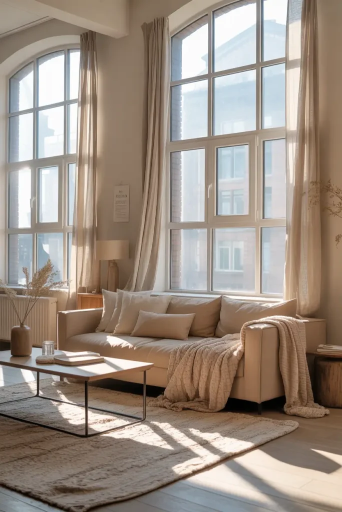 Bright loft apartment interior with tall windows and soft natural daylight, neutral color palette with warm beige sofa, light linen curtains, pale wood floors, textured throw blankets, simple coffee table, airy open layout, cozy modern styling, Pinterest style photography, soft shadows, calm and minimal atmosphere.